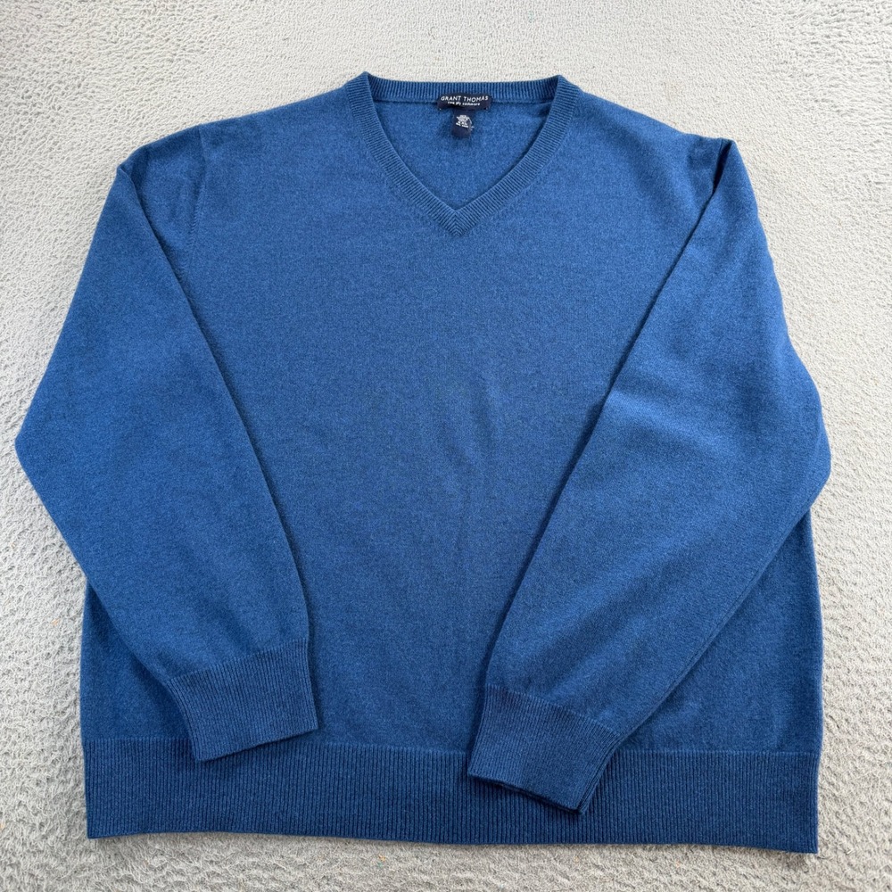 Grant Thomas Cashmere Sweater Mens 2XL Blue 2-Ply Knit Luxury V Neck